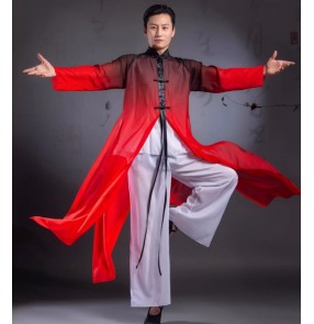 Men youth black red gradient chinese folk classical dance costumes wushu competition kung fu performance flowing dance uniforms Ancient hanfu for man